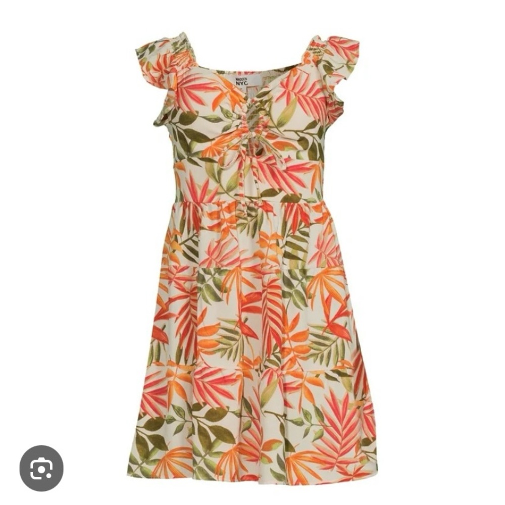 NYC Orange and Green Ruffled A-line Sundress with Flutter Sleeves